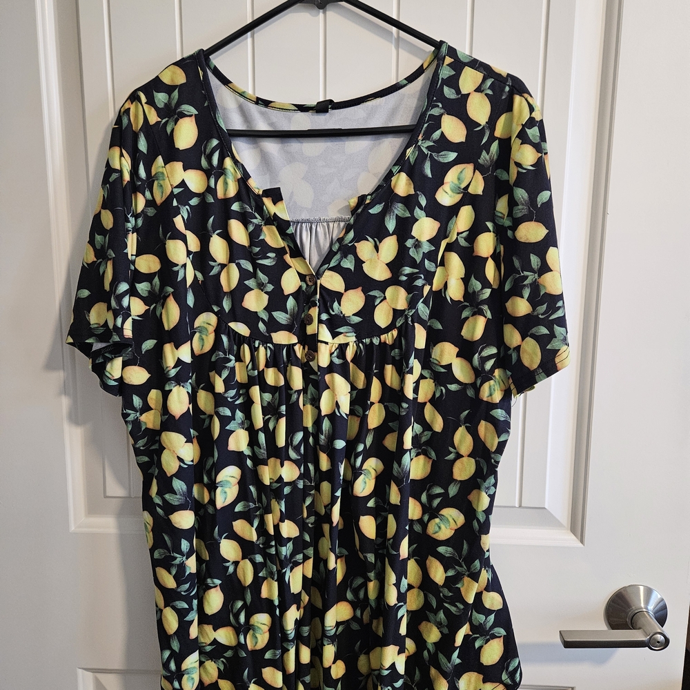 Allegra K Black Top with Yellow Lemon Print